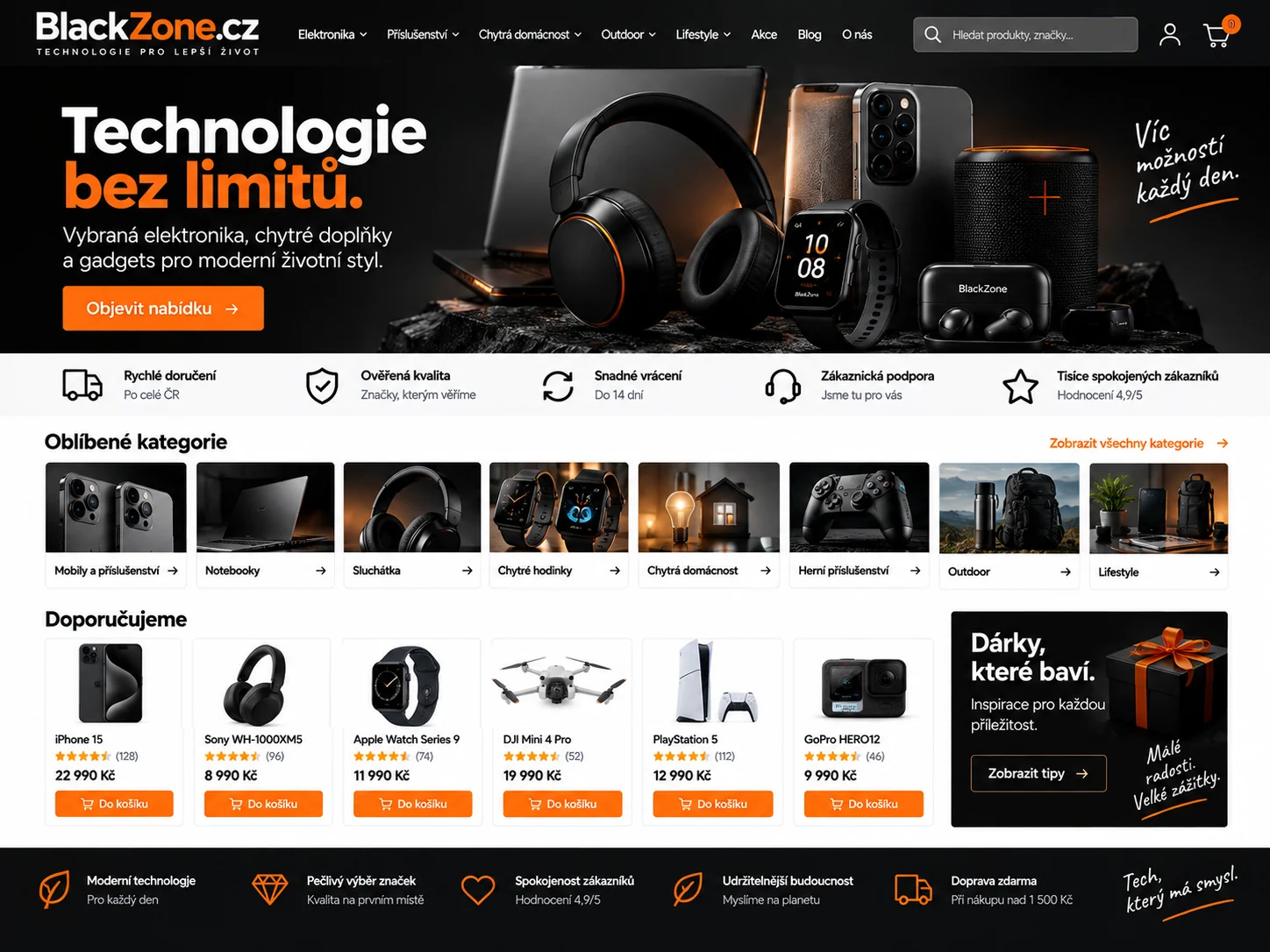 Ilustrační návrh pro BlackZone.cz: tmavý e-shop s designovou elektronikou a chytrými doplňky